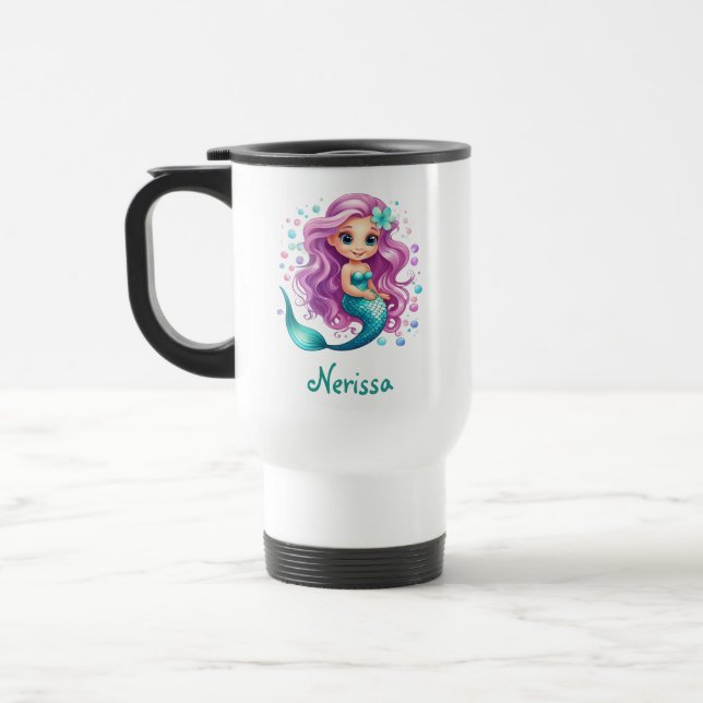 Girl's Pastel Purple Mermaid Theme Birthday Favour Travel Mug (Left)