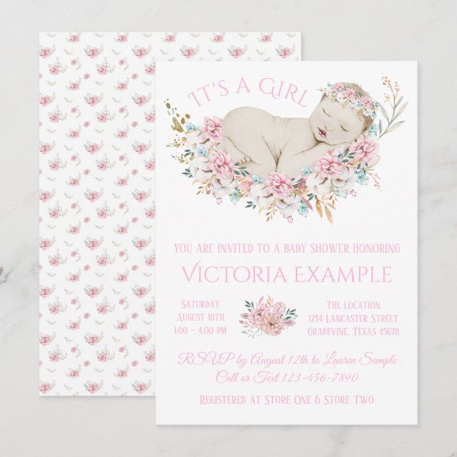 Girls Pastel Watercolor Floral Baby Shower Invitation (Front/Back)