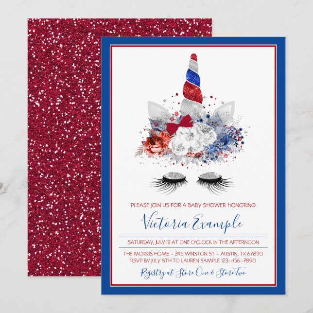 Girls Patriotic Unicorn Baby Shower Invitation (Front/Back)