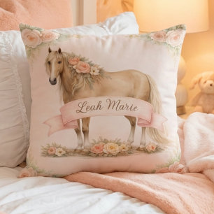 Girls Peach Floral Horse Personalised Name Cushion