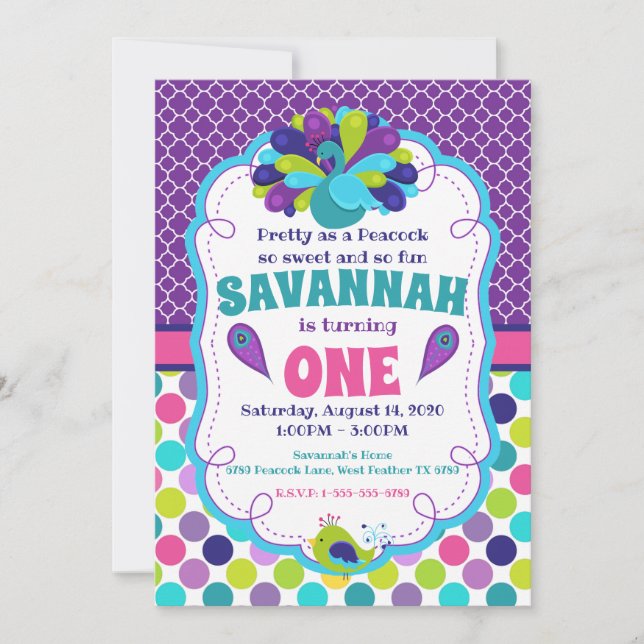 Girls Peacock Birthday Party Invitation (Front)