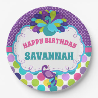 Girls Peacock Happy Birthday Party Personalised Paper Plate