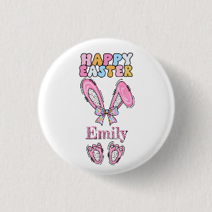 Girls Personalise Happy Easter Bunny Pink 3 Cm Round Badge