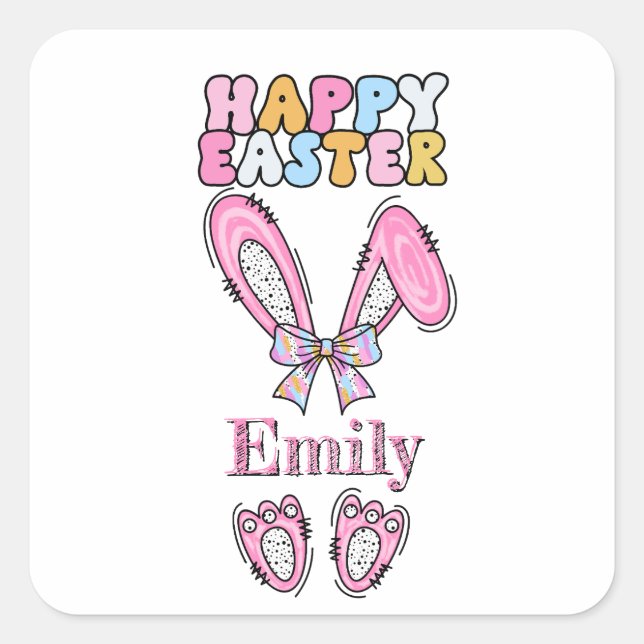 Girls Personalise Happy Easter Bunny Pink Square Sticker (Front)