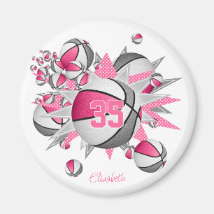 girls personalised basketballs stars pink grey magnet