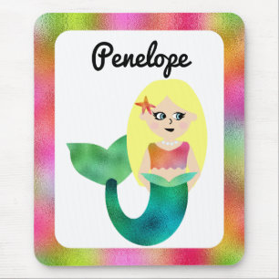 Girls Personalised Blonde Faux Foil Mermaid Kids Mouse Mat