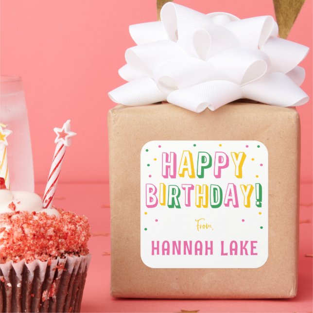 Girls Personalised Confetti Happy Birthday Square Sticker (Party)