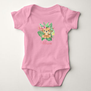 Girls Personalised Cute Tiger in Tropical Flowers Baby Bodysuit