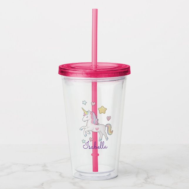 Girls Personalised Cute Whimsical Unicorn Rainbow  Acrylic Tumbler (Front)