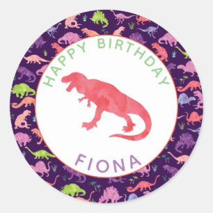 Girls Personalised Dinosaur Birthday Party Pattern Classic Round Sticker
