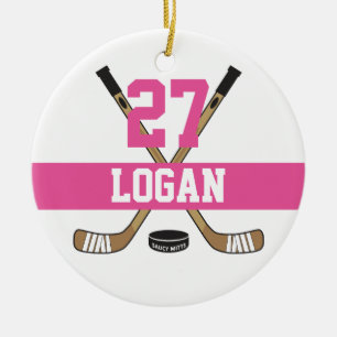 Girls Personalised Hockey Player Name Number Pink Ceramic Tree Decoration