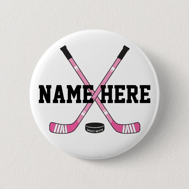 Girls Personalised Hockey Player Name Pink Pinback 6 Cm Round Badge (Front)