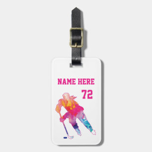 Girls Personalised Hockey Player Watercolor Luggage Tag