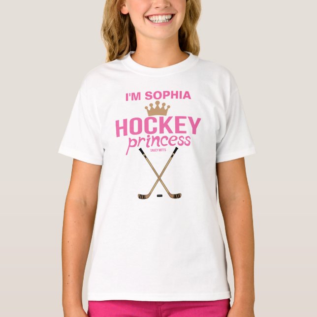 Girls Personalised Hockey Princess Name Pink T-Shirt (Front)