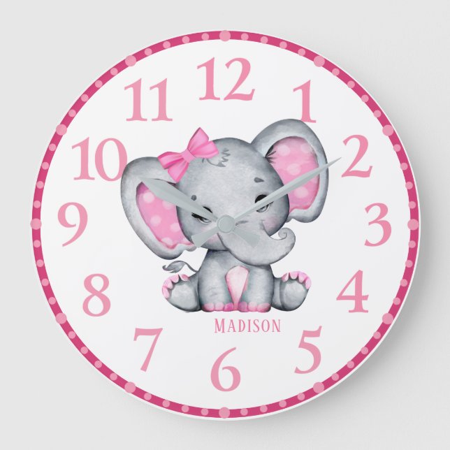 Girls Personalised Pink Elephant Wall Clock (Front)
