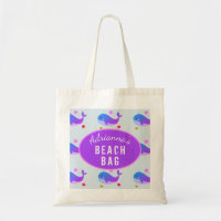 Girls Personalised Purple Whale Beach Tote Bag