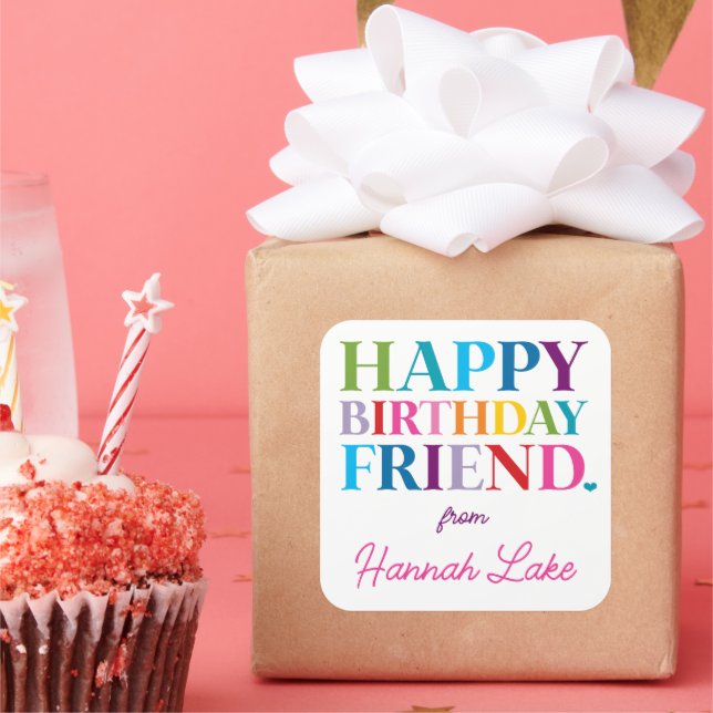 Girls Personalised Rainbow Happy Birthday Square Sticker (Party)