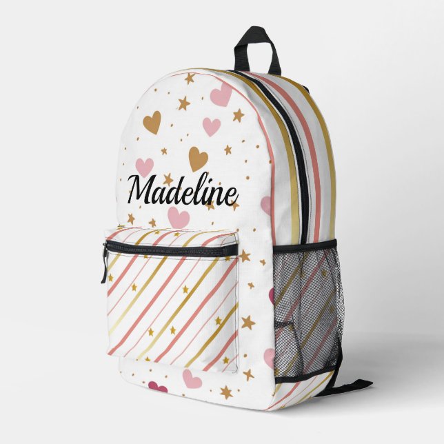 Girls Personalised Rose Gold Heart Stripe Printed Backpack (Back Corner Right)