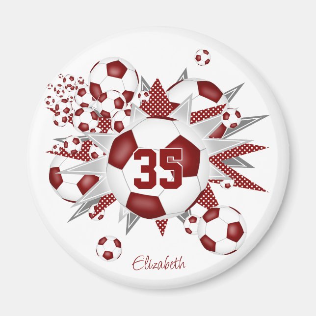 girls personalised soccer ball blowout maroon magnet (Front)