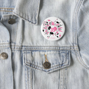 girls personalised soccer ball blowout pink black 6 cm round badge