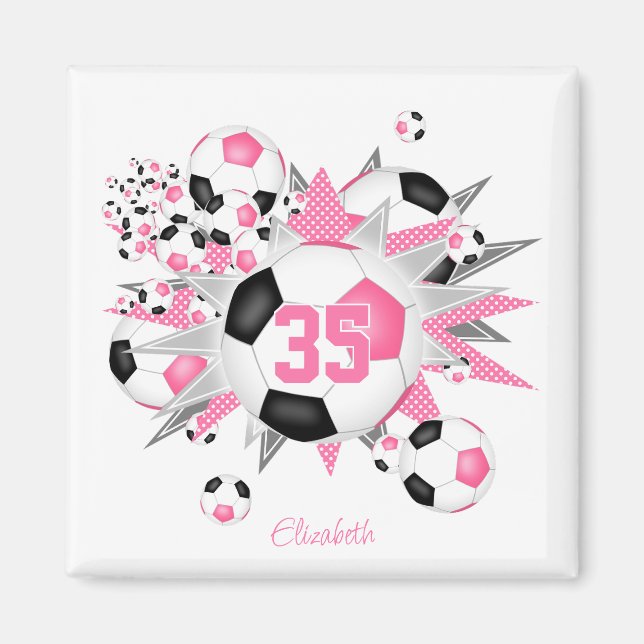 girls personalised soccer ball blowout pink black  magnet (Front)
