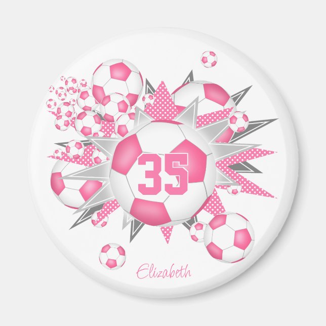 girls personalised soccer ball blowout pink  magnet (Front)