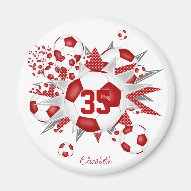 girls personalised soccer ball blowout red magnet (Front)