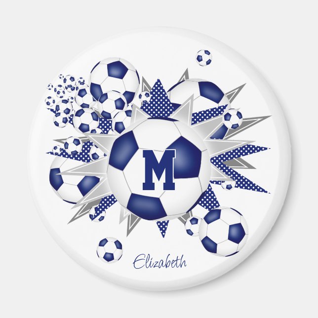 girls personalised soccer balls stars blue magnet (Front)
