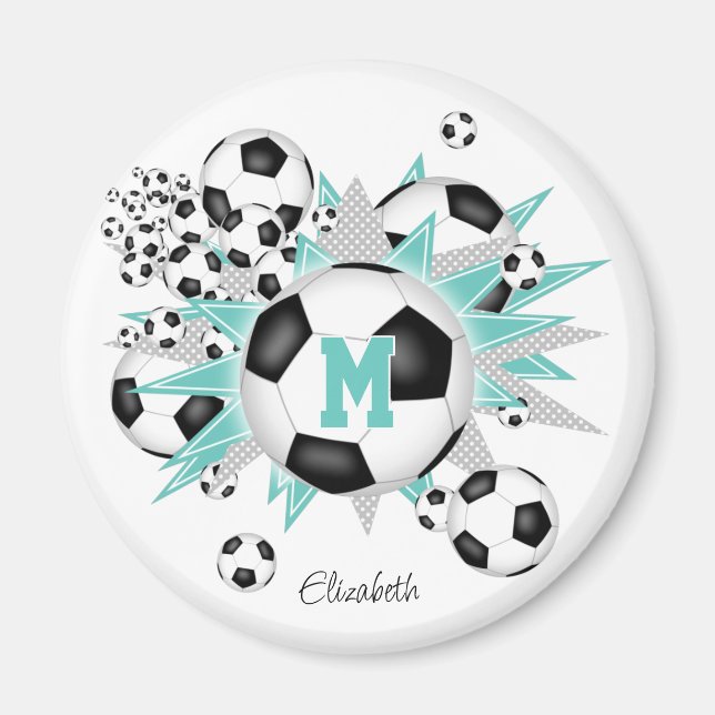 girls personalised soccer balls stars light teal magnet (Front)