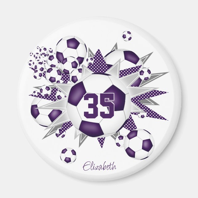 girls personalised soccer balls stars purple magnet (Front)