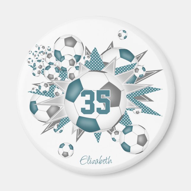 girls personalised soccer balls stars teal grey magnet (Front)