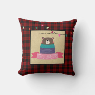 Girls Personalised Xmas Brown Bear Buffalo Plaid Cushion
