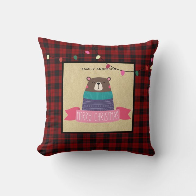 Girls Personalised Xmas Brown Bear Buffalo Plaid Cushion (Front)