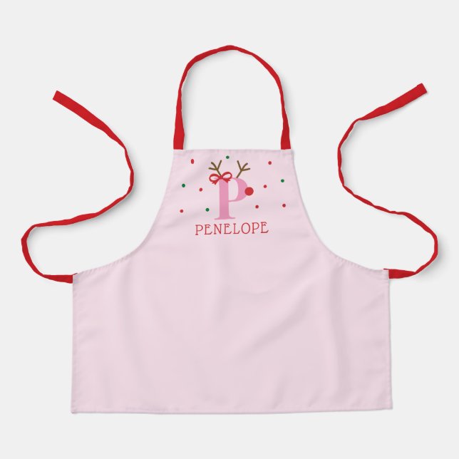 Girls Personalized Reindeer Initial P  Apron (Front)