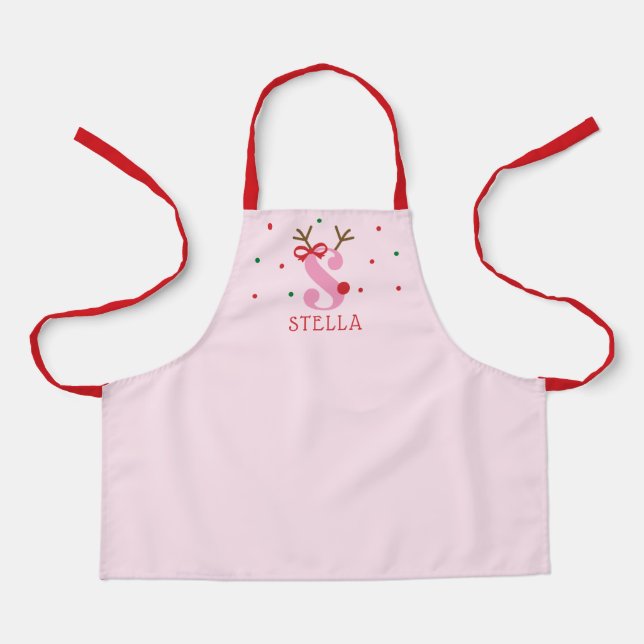 Girls Personalized Reindeer Initial S  Apron (Front)