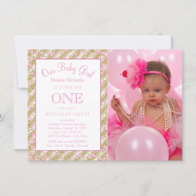Girls Photo 1st Birthday Party Pink Gold Confetti Invitation (Front)