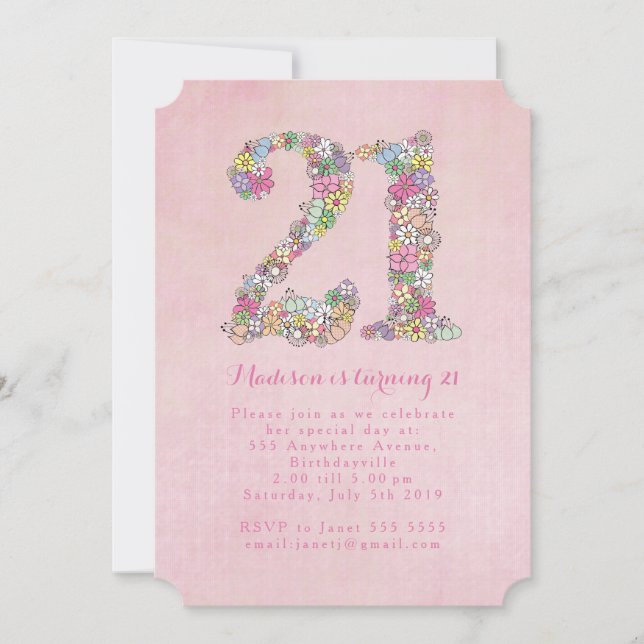 Girls Photo 21st Pink Floral Birthday Party Invitation (Front)