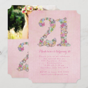 Girls Photo 21st Pink Floral Birthday Party Invitation
