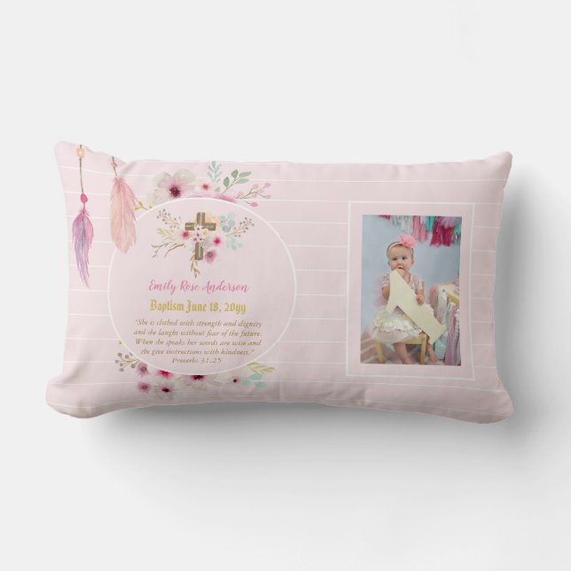 Girls PHOTO Baptism Christening Gift Proverb 31:25 Lumbar Cushion (Front)