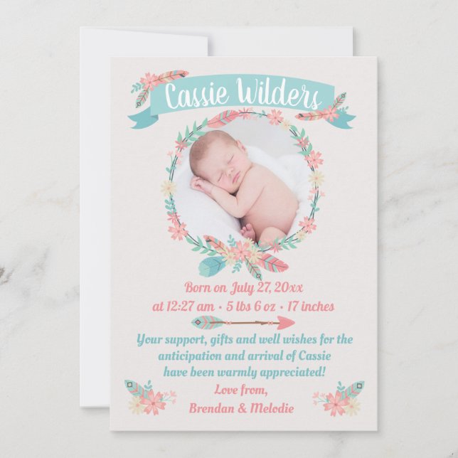 Girls Photo Boho Feather Wreath Birth Announcement (Front)