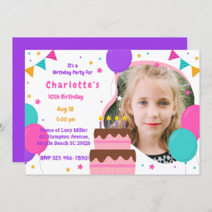 Girls Photo Cute Pink Purple Birthday Party   Invitation
