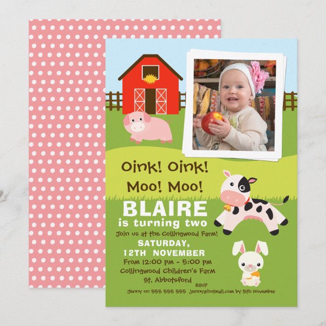Girls Photo Farmyard Birthday Invitation (Front/Back)
