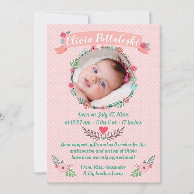 Girls Photo Floral Wreath Baby Arrival Thank You Announcement (Front)