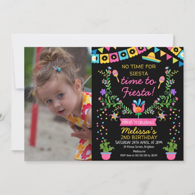 Girls Photo Mexican Floral Fiesta Birthday Invitat Invitation (Front)