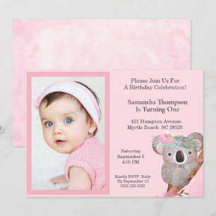 Girls Photo One Year Birthday Koala Bear   Invitation