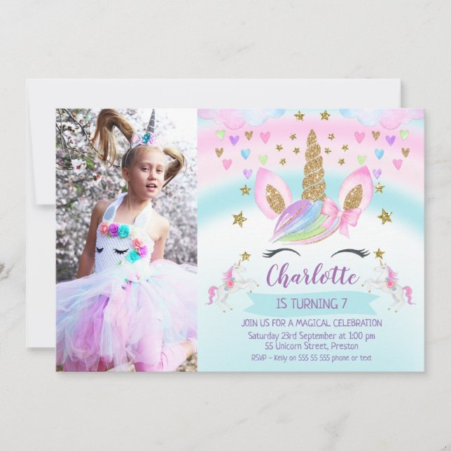 Girls Photo Pink Bow Unicorn Birthday Invitation (Front)