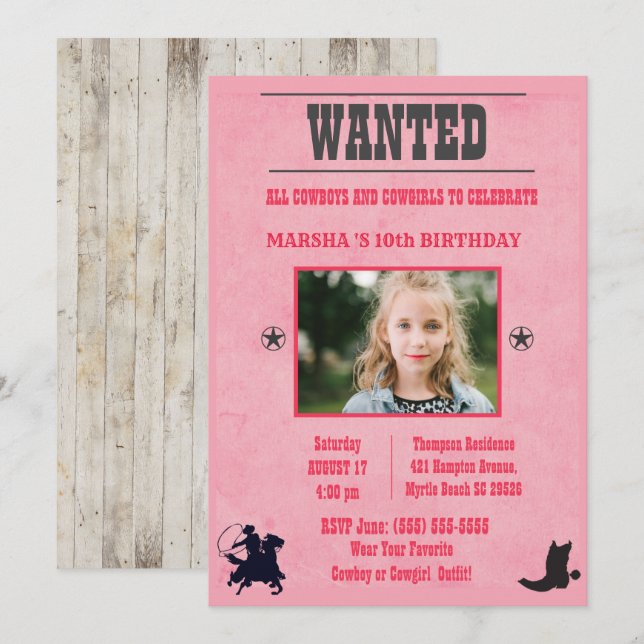 Girls Photo Pink Wanted Birthday Invitation (Front/Back)