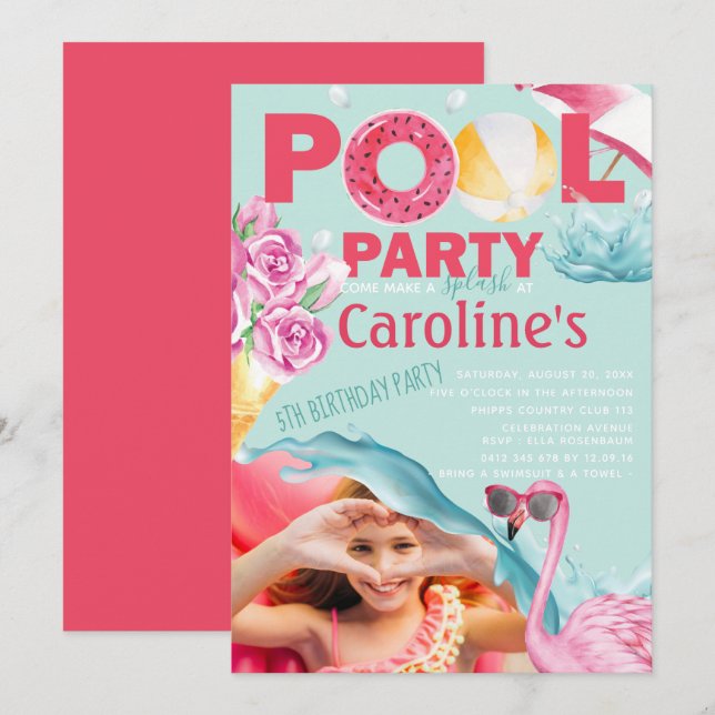 Girls Photo Pool Party Birthday Invitation (Front/Back)
