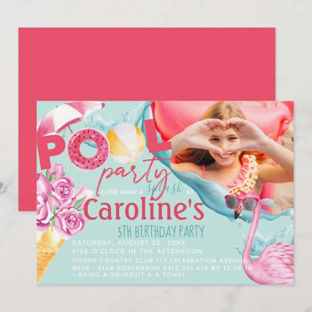 Girls Photo Pool Party Birthday Invitation (Front/Back)