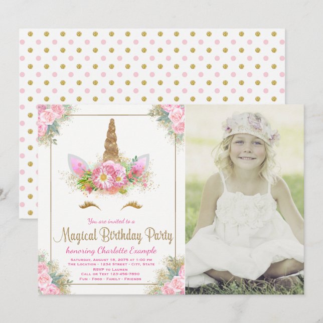 Girls Photo Unicorn Birthday Party Invitations (Front/Back)